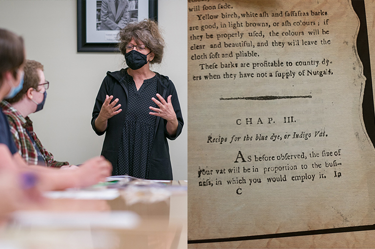 A photo of Dr. Kimberly Alexander on the left side and a recipe page from the Country Dyer book on the right.