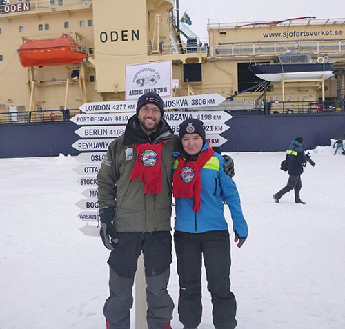 UNH researchers Kevin Jerram ‘14G and Evgenia Bazhenova at the North Pole