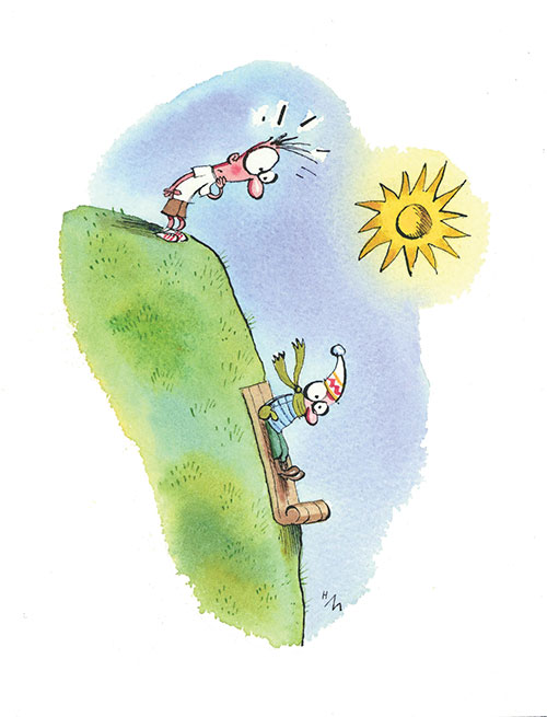 illustration of a person trying to sled down a grassy hill by Hal Mayforth