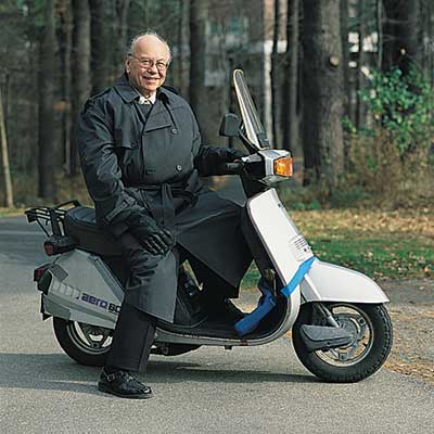 former UNH professor of sociology Murray Straus on a vespa