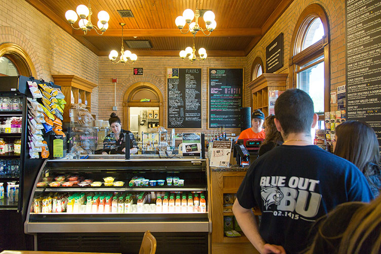 students waiting in line in UNH's Dairy Bar