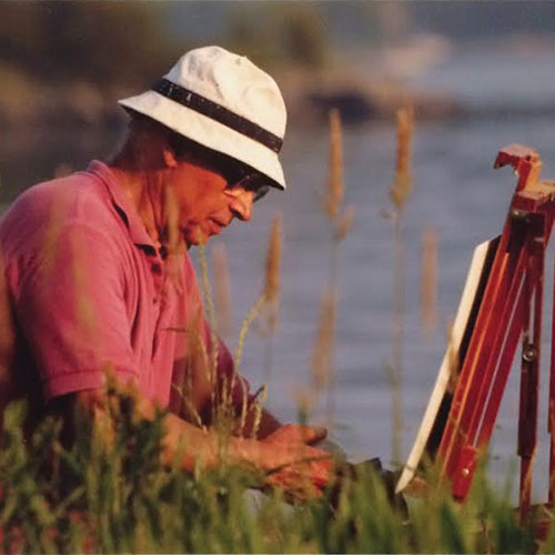 UNH alumnus Arthur Richard DiMambro ’51 painting outdoors