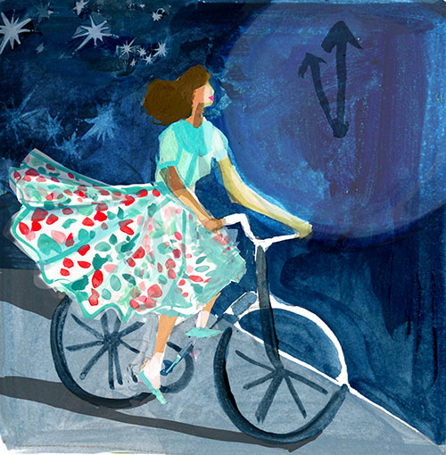 illustration of a woman on a bicycle by a large clock