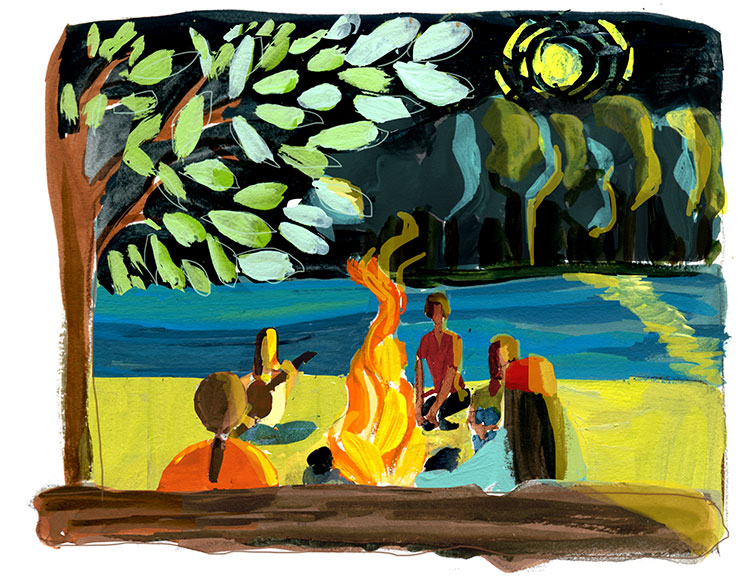 illustration of people sitting around a campfire