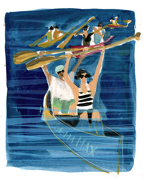 illustration of people rowing a canoe and sinking