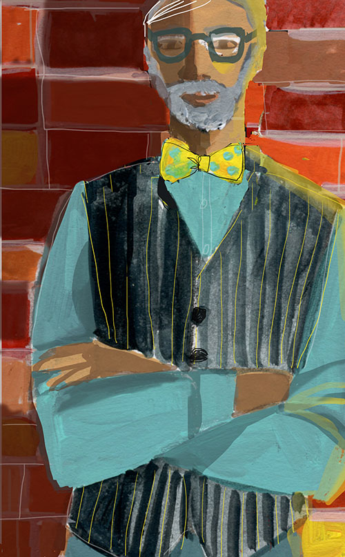 illustration of a professor standing against a brick wall