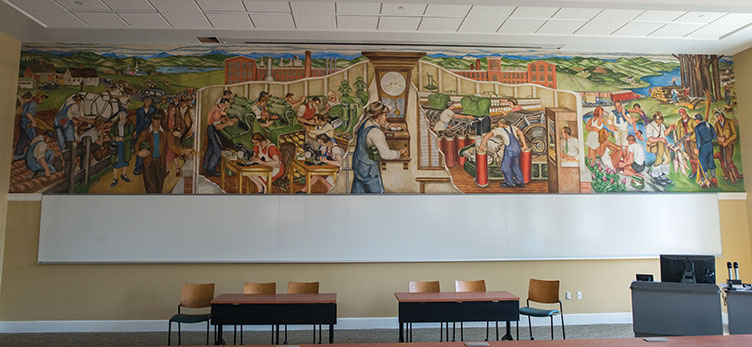 the restored mural “Industry” in Hamilton Smith Hall at UNH