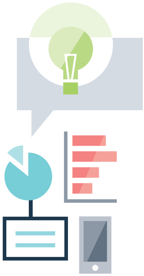 illustration of a word bubble, lightbulb, graphs and a phone