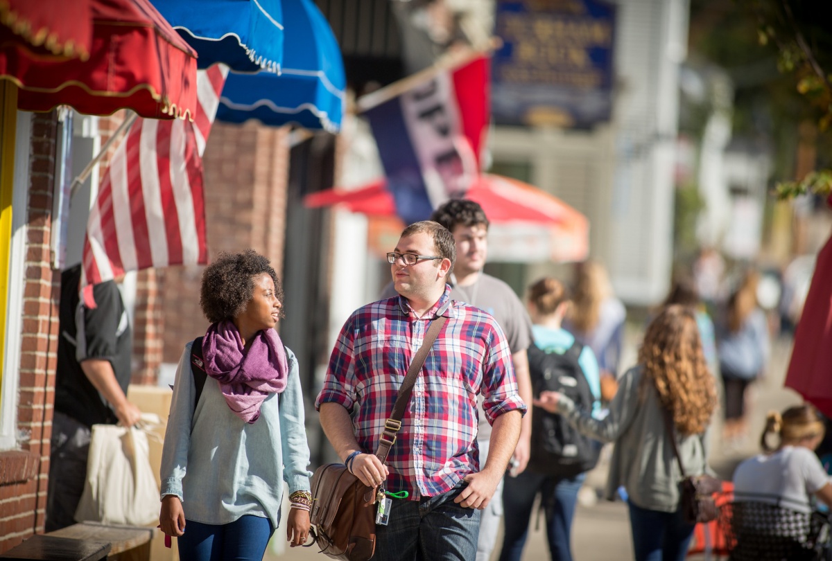 Downtown Durham, NH, with UNH students walking