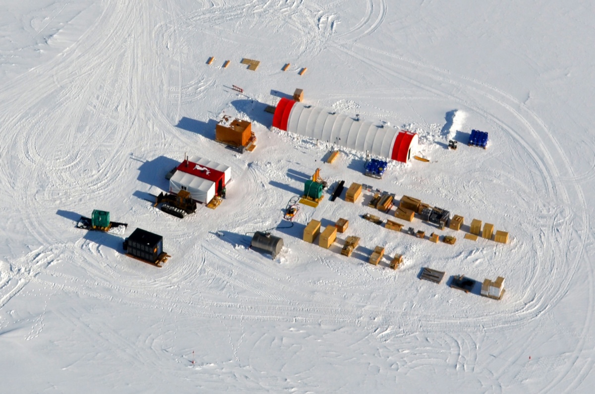 Aerial view of ice core drilling camp in Antarctica.