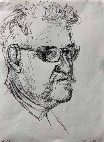 Ink on paper sketch of man with glasses.