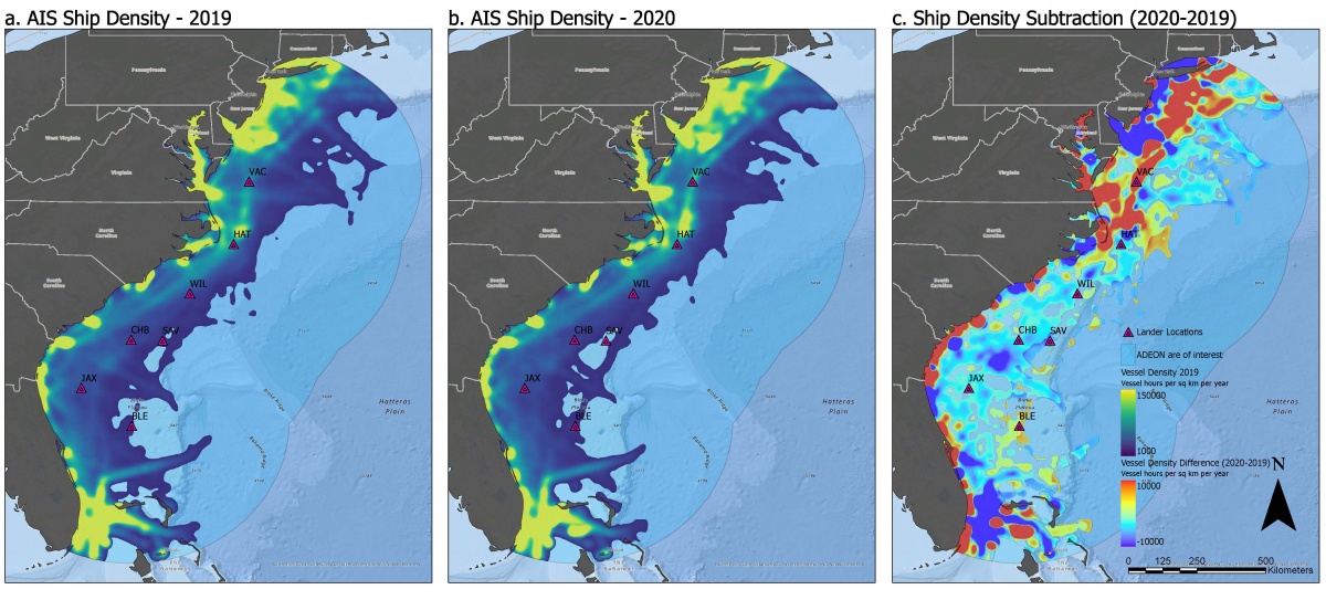 Three maps of the U.S. East Coast showing the changing underwater noise levels before and during the COVID-19 lockdown. 