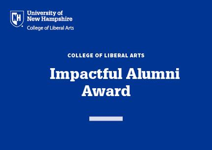 words: Impactful Alumn Award on blue background