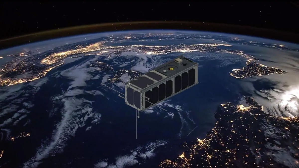 A rendering of the 3UCubed satellite in space.
