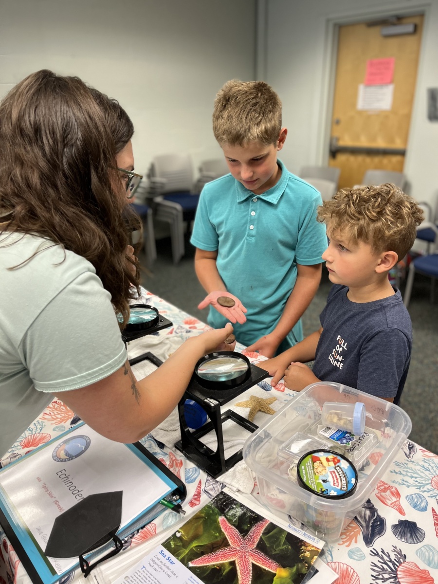 At a library, a docent shows sea stars to young patrons
