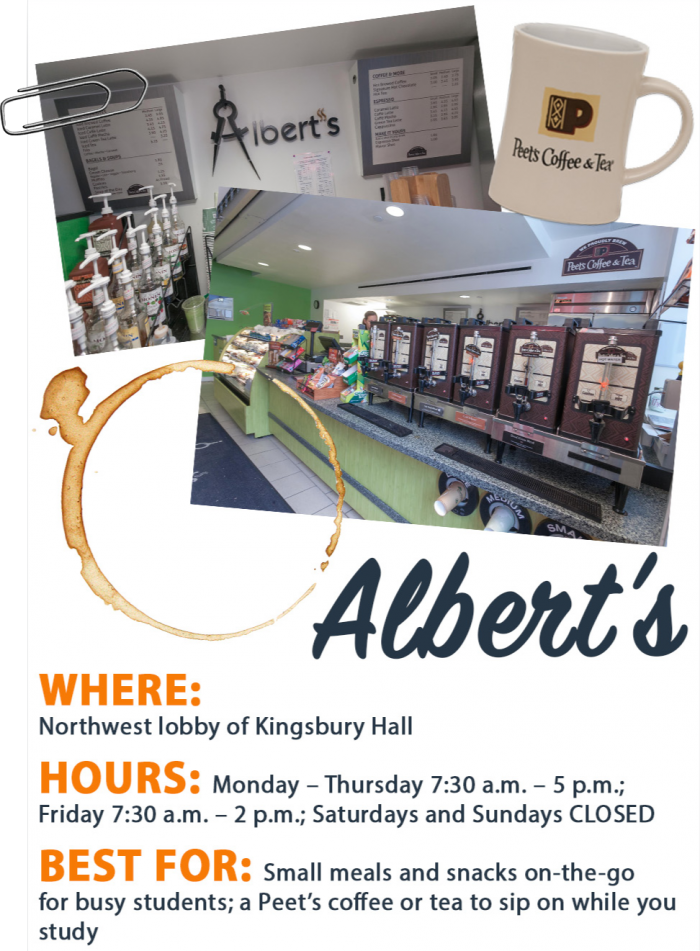 location, hours and offerings graphic for Albert's at UNH