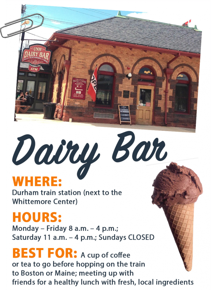 location, hours and offerings graphic for the Dairy Bar at UNH