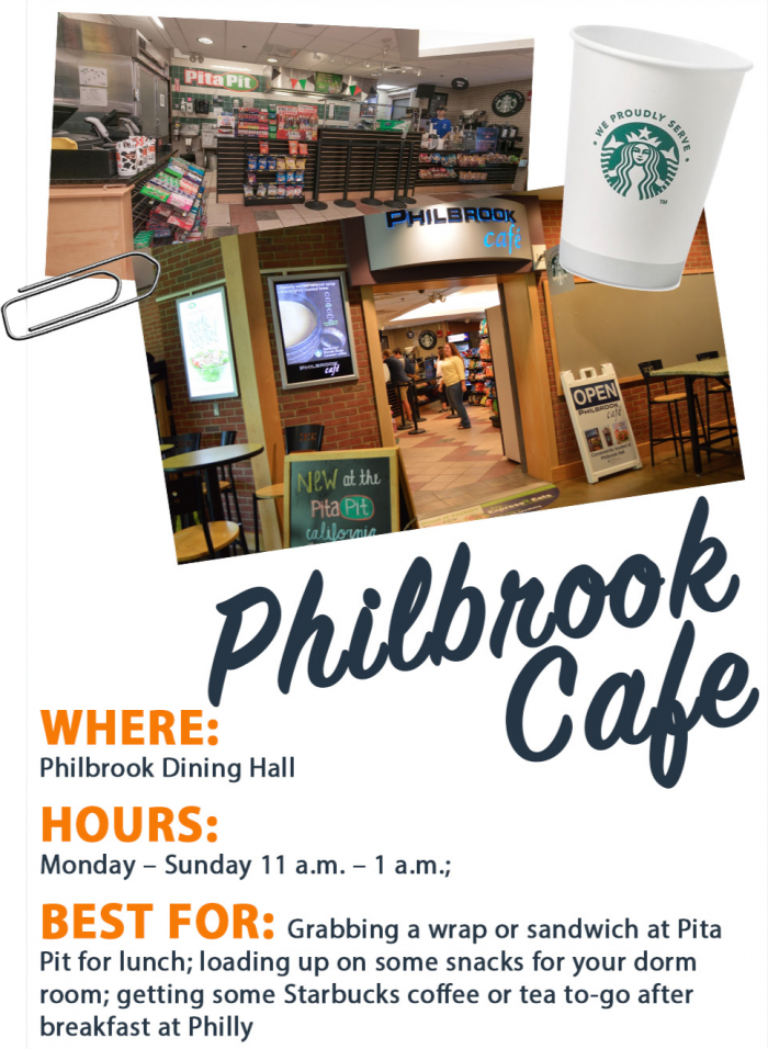 location, hours and offerings graphic for Philbrook Cafe at UNH