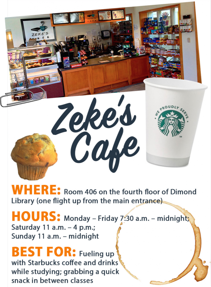 location, hours and offerings graphic for Zeke's Cafe at UNH