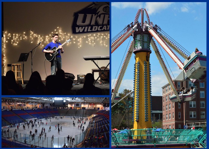 photo collage of ice skating, a carnival ride, and a student performing at an open mic night