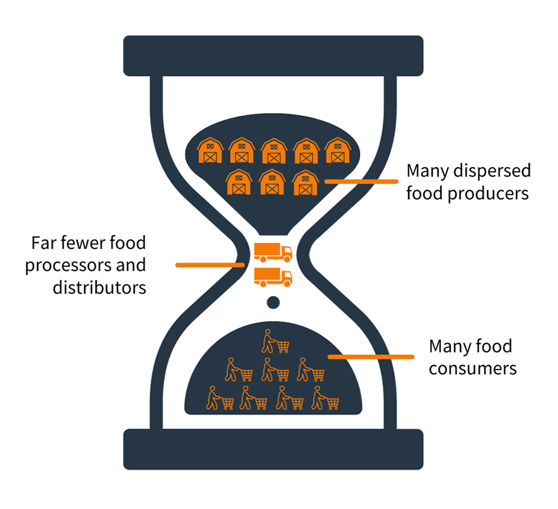 A graphic of an hourglass representing the Food Supply Chain in New Hampshire. In the top half of the hourglass are icons of farms, representing dispersed food producers. In the middle are a few vehicles, representing far few food processors and distributors. At the bottom are icons of people with grocery carts, representing many food producers.