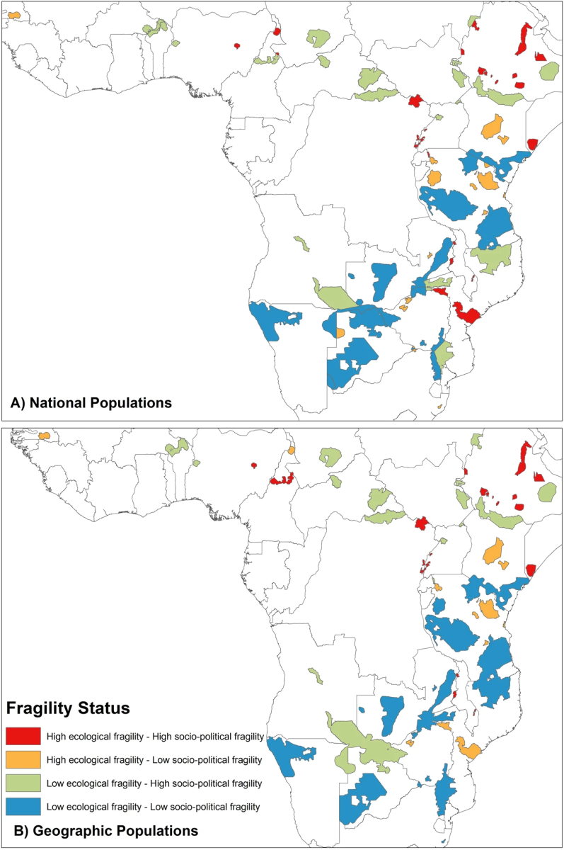 A map image showing national versus geographic lion populations across Africa and the "Fragility Status" of these various populations.