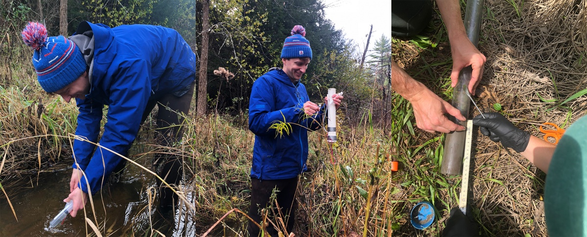 UNH Ph.D. graduate Drew Robison collects samples from Dube Brook in Madbury, NH.
