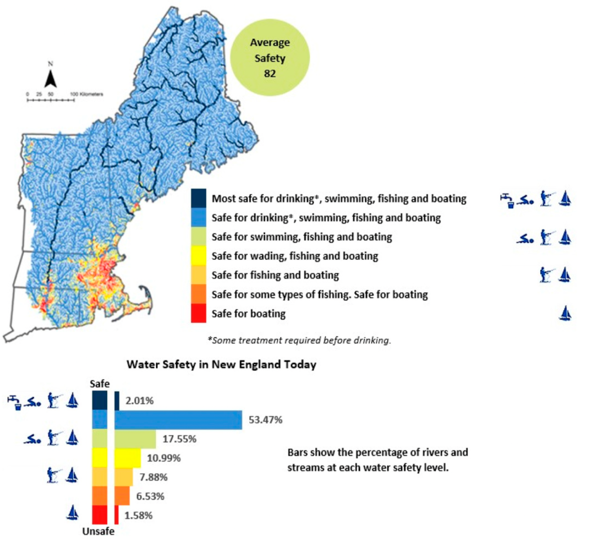 A map showing the safeness of water in New England for various activities, including drinking, fishing and swimming.
