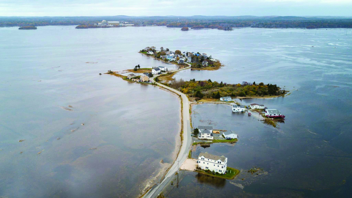 Aerial image of flooding at Hampton Beach