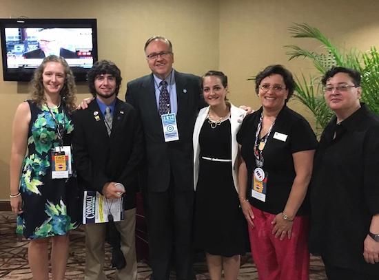 (L-R) Sarah Chapman, Jesse Austin, New Hampshire Democratic Party chairman Ray Buckley, Tali Cherim, Paula DiNardo and professor Marla Brettschneider.