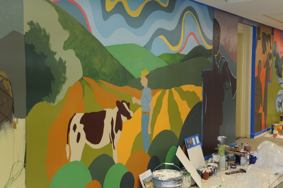 section of the mural in progress