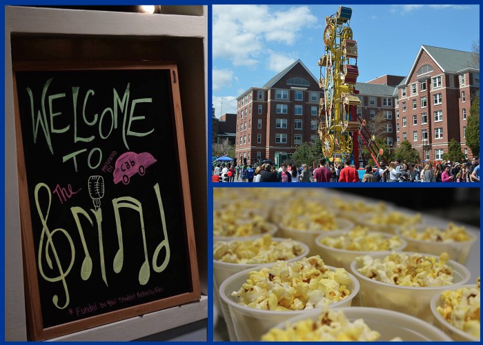 photo collage of popcorn buckets, a carnival ride, and the grind sign