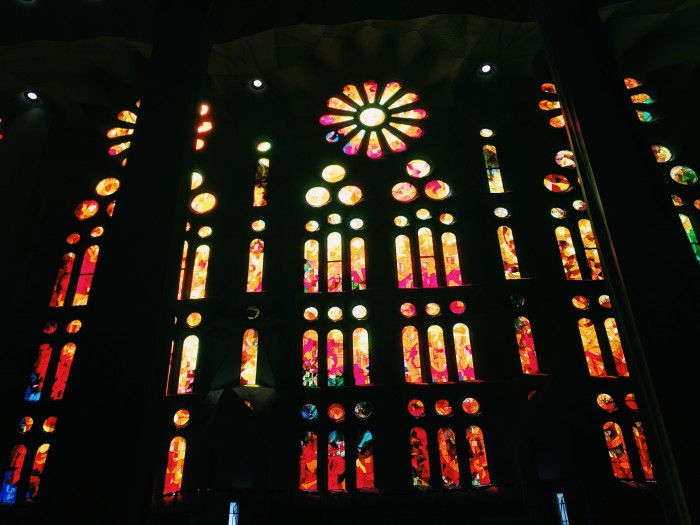 Colorful stained glass windows of La Sagrada Familia