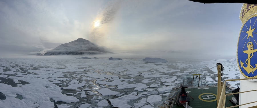 View from the deck of the Swedish icebreaker ODEN navigating the icy Victoria Fjord in North Greenland