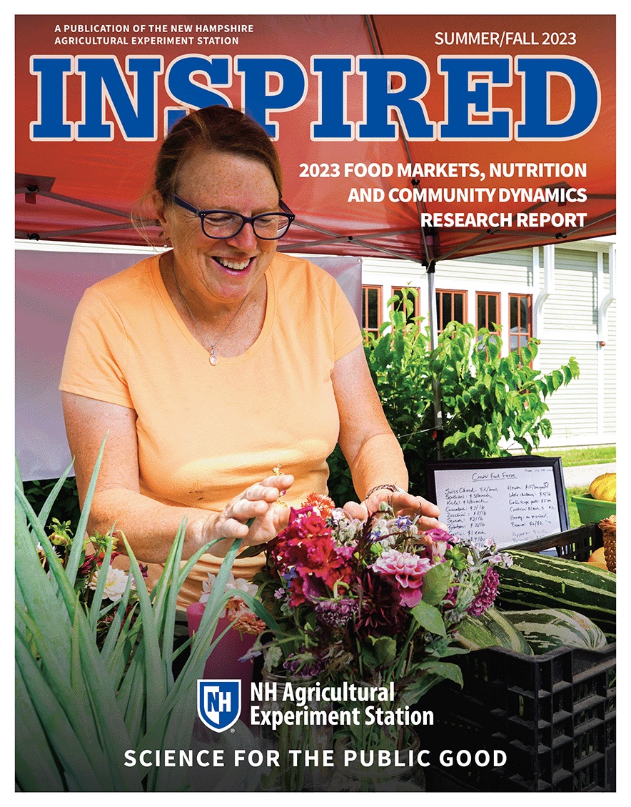 The cover for the summer/fall 2023 issue of the INSPIRED Research Report, produced by the NH Agricultural Experiment Station. This issue focuses on Food Markets, Nutrition and Community Dynamics.