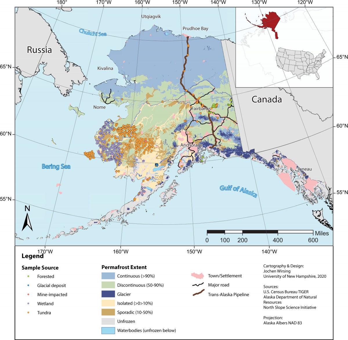 Map of Alaska showing research sites