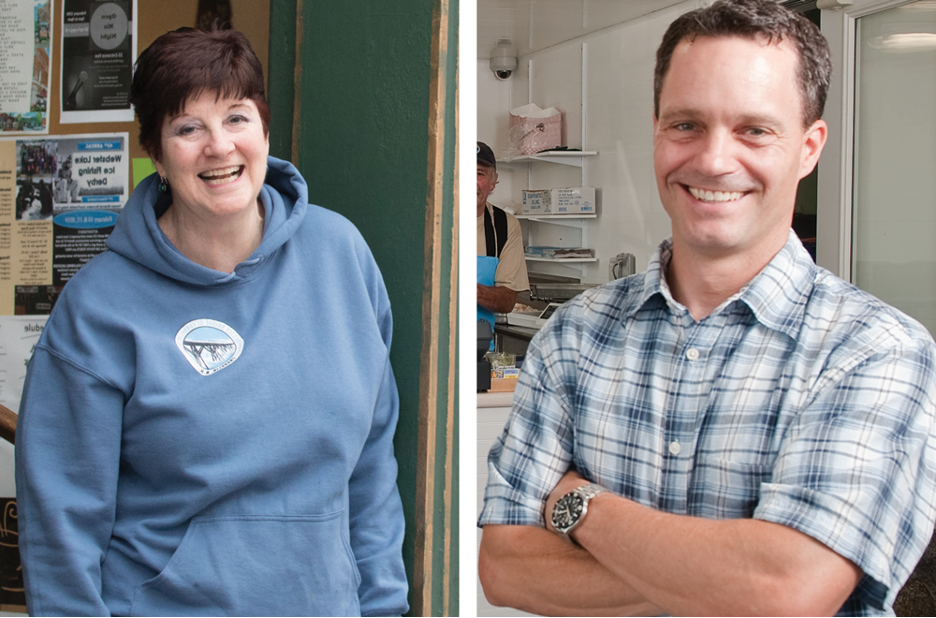 side by side photos of a smiling woman in a sweatshirt and a smiling man wearing a plaid shirt
