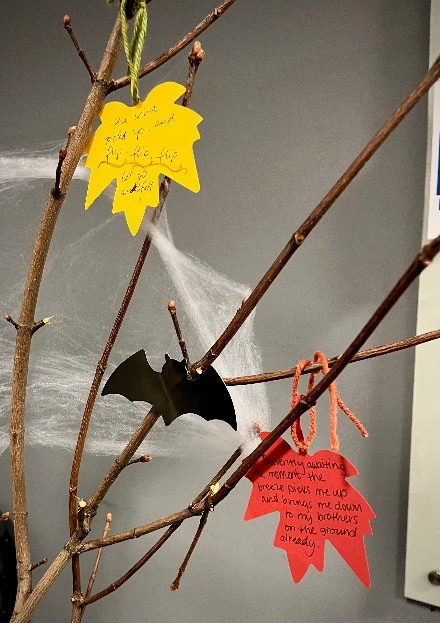 photo of red and yellow paper leaves and bat with writing hanging on sapling branches with fake cobwebs 