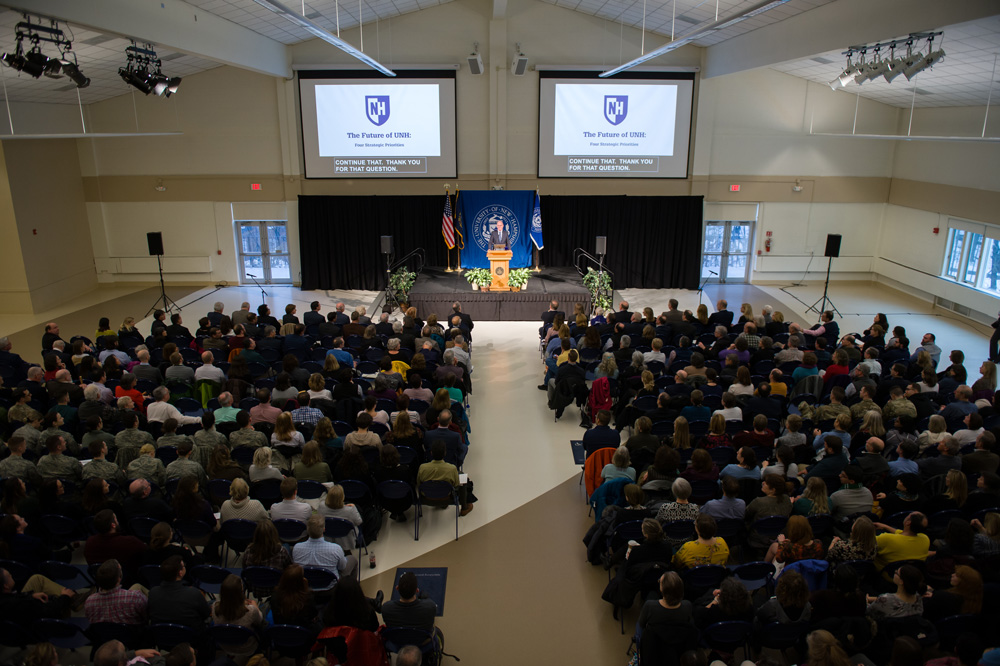 UNH President Dean addressing a crowd