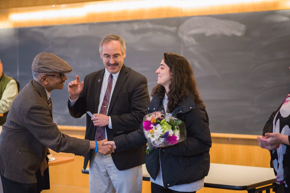 Nooran Alhamdan '20 learns she has received a Truman Scholarship in class