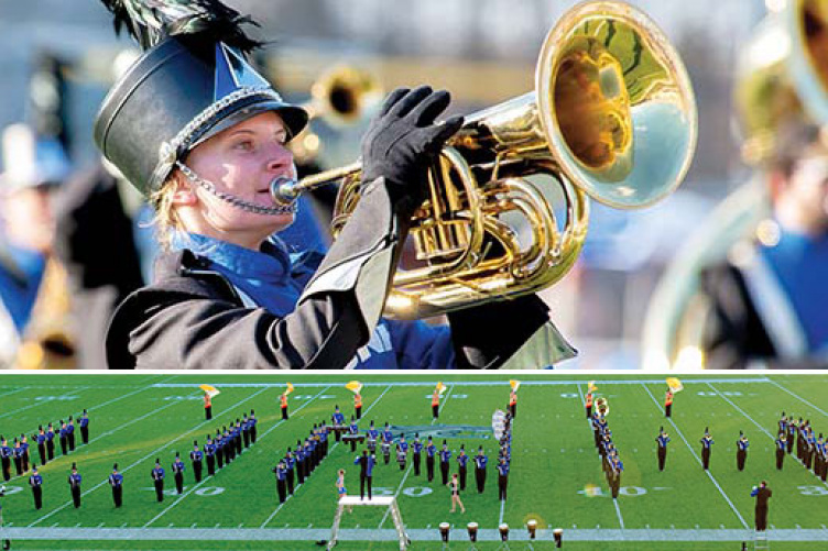 student in marching band; UNH spelled out by marching band on football field.