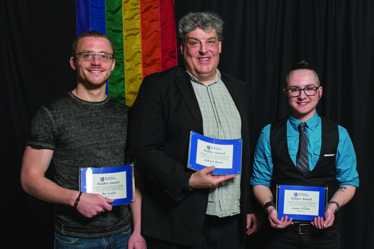 Ike Leslie, John Berst and Casey O'Dea pose for a photo at the LGBTQ+Ally Pancake Breakfast