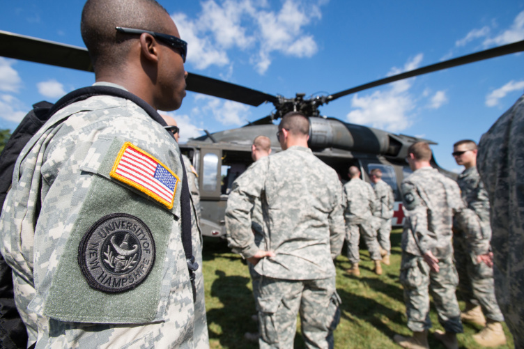 UNH ROTC cadets on Boulder Field with blackhawk helicopters