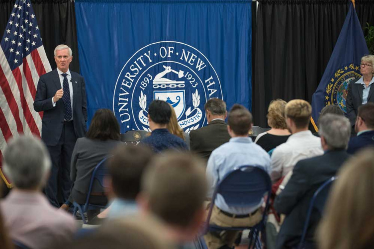 UNH President Mark Huddleston speaking at an open forum