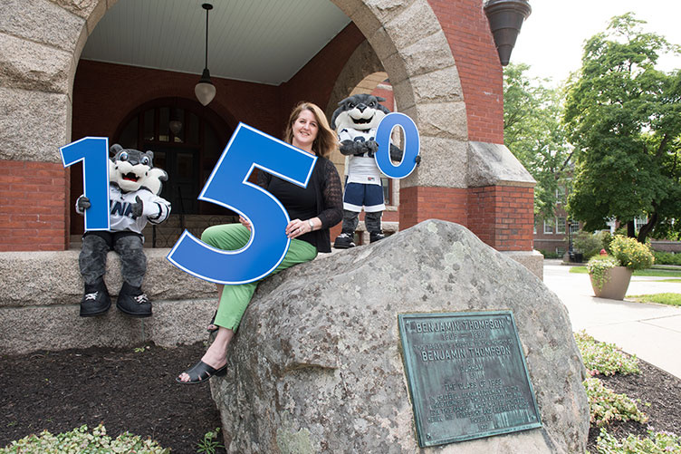 Kristin Waterfield Duisberg with Wild E. Cat and Gnarlz at UNH's Thompson Hall