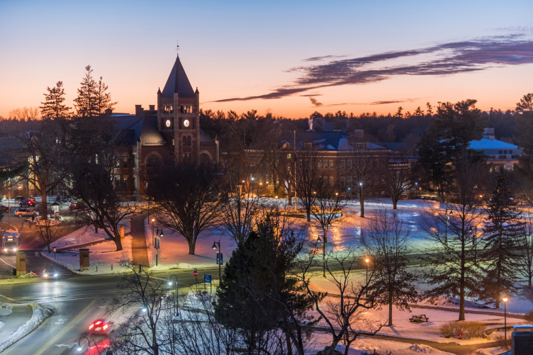 UNH campus, with Thompson Hall, at sunset, January 2016