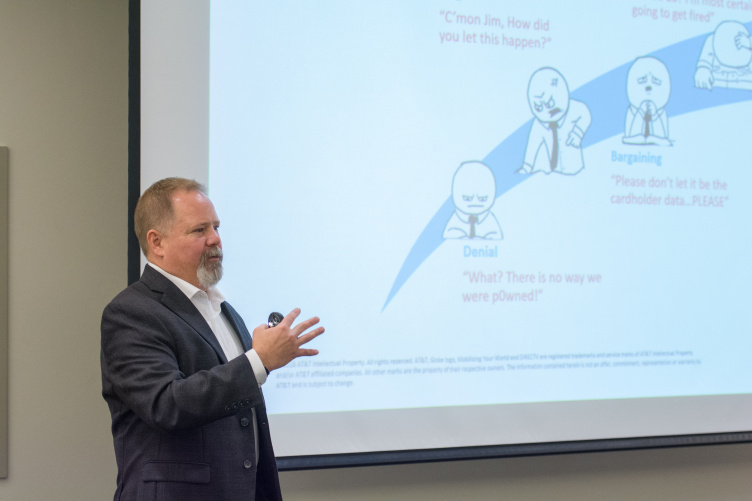 Todd Waskelis, vice president of AT&T Security Solutions Todd Waskelis, vice president of AT&T Security Solutions, gives a presentation on how to address cyber threats at the Paul College Cybersecurity Symposium.