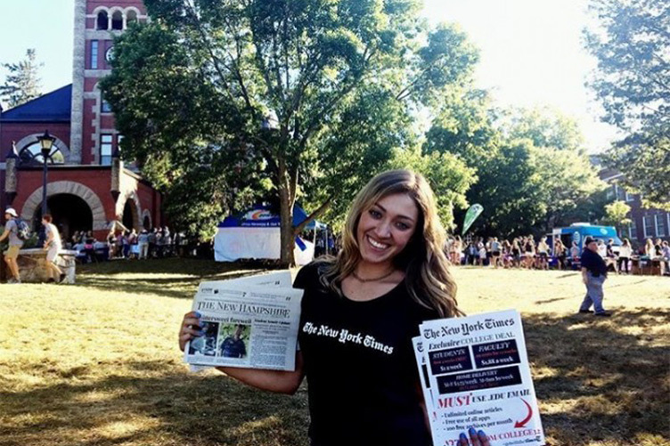 UNH student Allison Bellucci in front of Thompson Hall