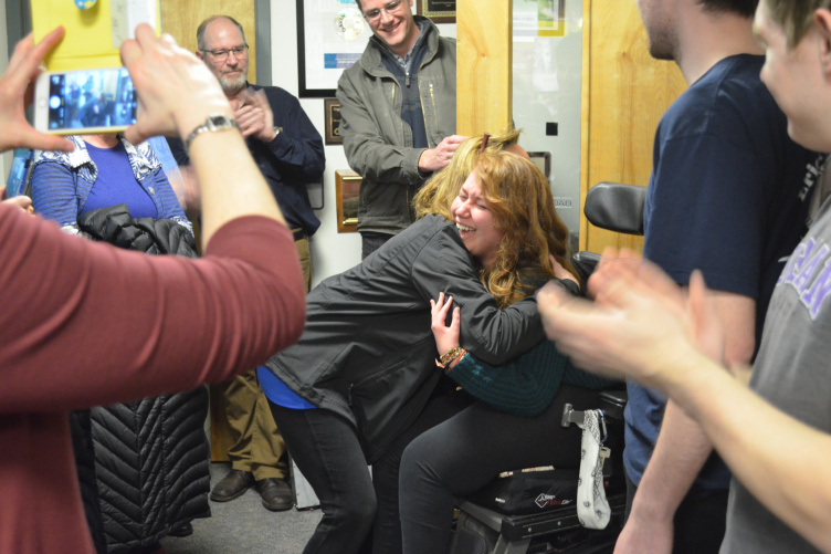 UNH student Abby Lehner being told that her internship in Germany will be fully funded by The Make-A-Wish Foundation