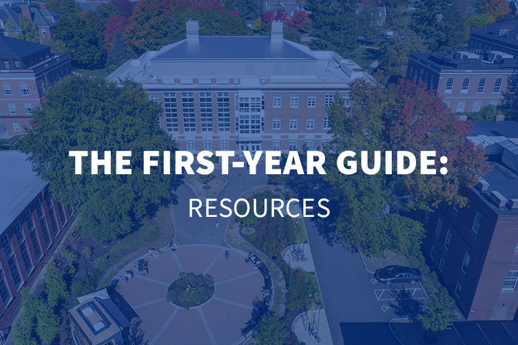 an aerial view of UNH's Durham campus with the overlaid text The First Year Guide: Resources